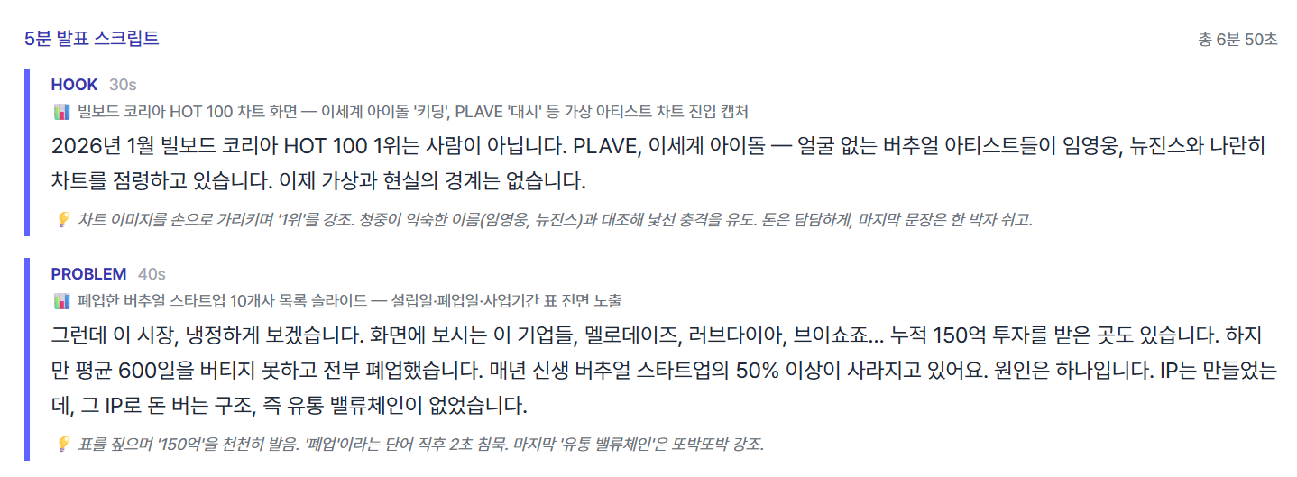 피칭 코치가 생성한 5분 발표 스크립트 예시 — HOOK · PROBLEM 섹션, 시간 큐, 슬라이드 노트, 진행 팁 포함